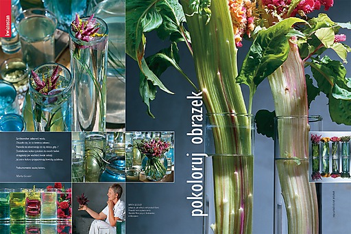 Strona czasopisma "Dobre Wnętrze" z artykułem z cyklu "Kwiatostan" z aranżacjami florystycznymi Marty Gessler wykonanymi w pracowni "Warsztat Woni" 