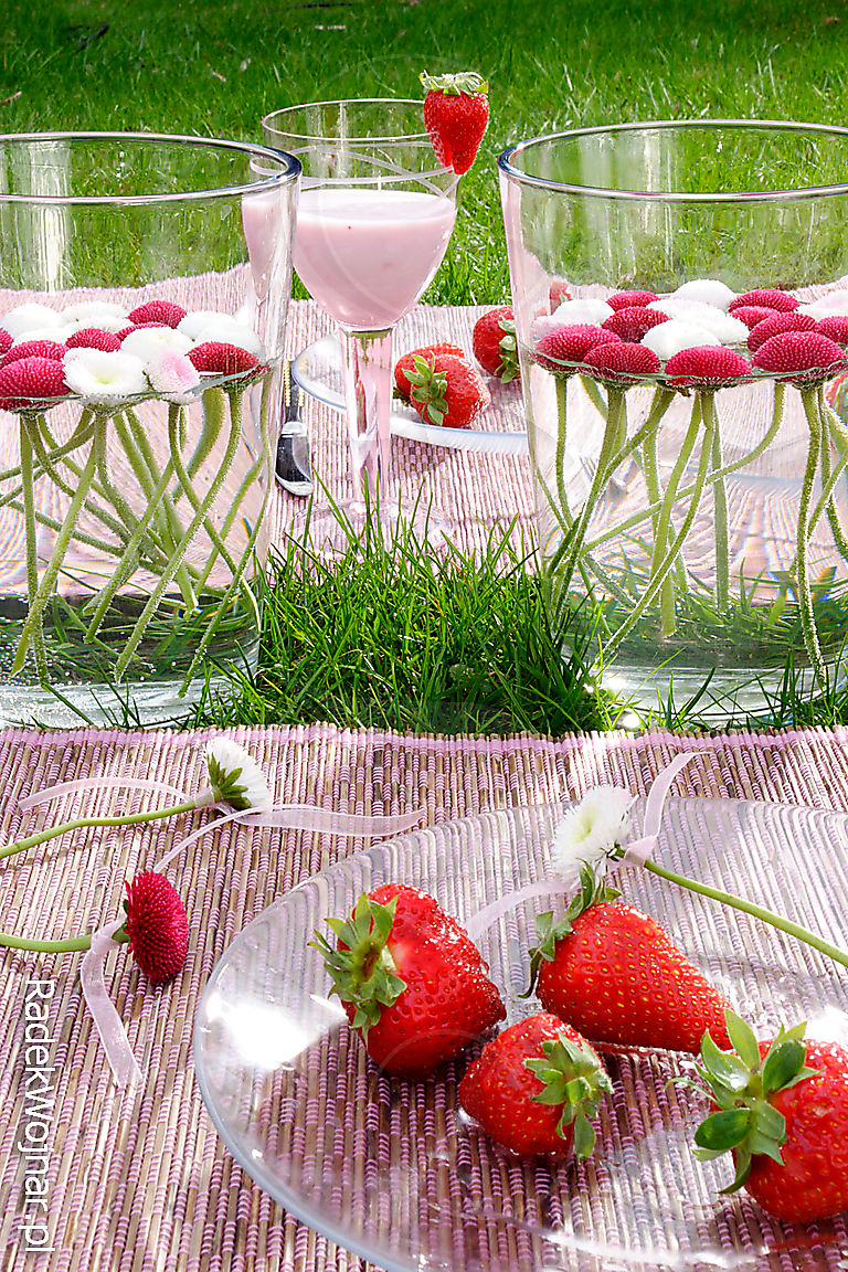 wiosenny piknik na trawie z truskawkami