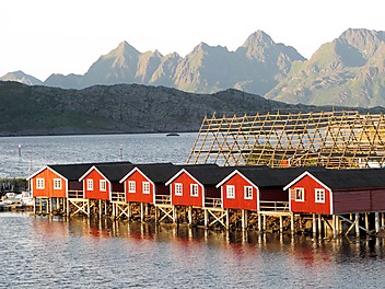 Rząd czerwonych norweskich domków-rybakówek zwanych "rorbu" w miejscowości Svolvaer- stolicy Lofotów